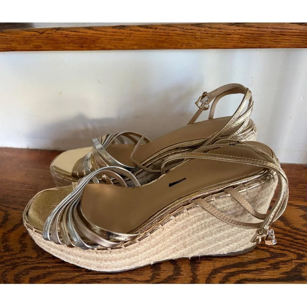 Ted Baker London Metallic Gold Silver Espadrille Wedge Sandals Strappy Heel